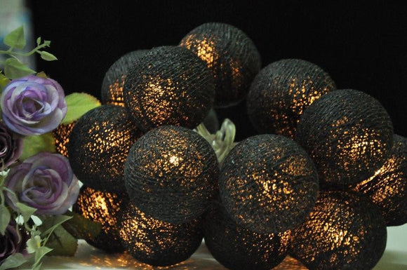 1 Set of 20 LED Black 5cm Cotton Ball Battery Powered String Lights Christmas Gift Home Wedding Party Bedroom Decoration Outdoor Indoor Table Centrepiece - RnR Galore