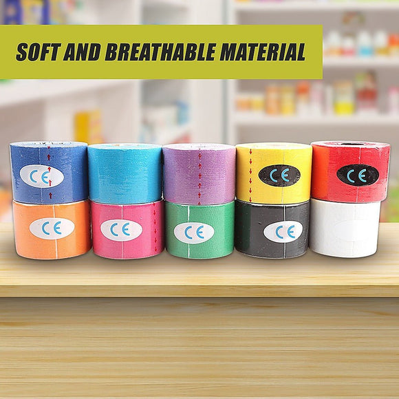 10 Rolls Muscle & Injury Kinesiology Sports Tape 5m x 5cm – Waterproof Support - RnR Galore