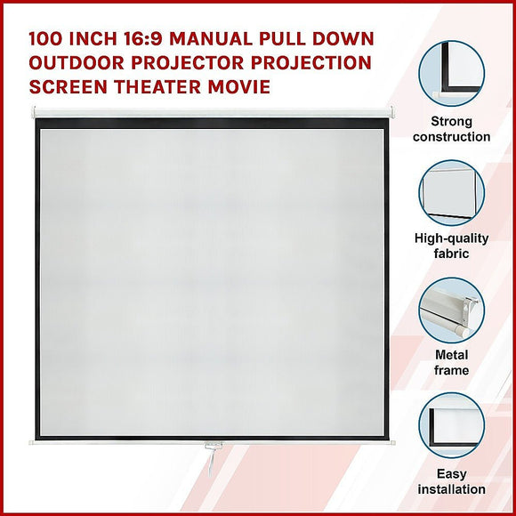 100 Inch 16:9 Manual Pull Down Outdoor Projector Projection Screen Theater Movie - RnR Galore