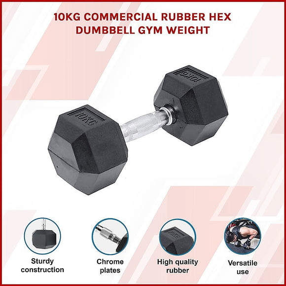 10KG Commercial Rubber Hex Dumbbell Gym Weight - RnR Galore