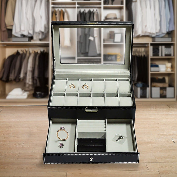 12 Grids Watch Display Case Leather jewellery Storage Box Organiser Lock Key - RnR Galore