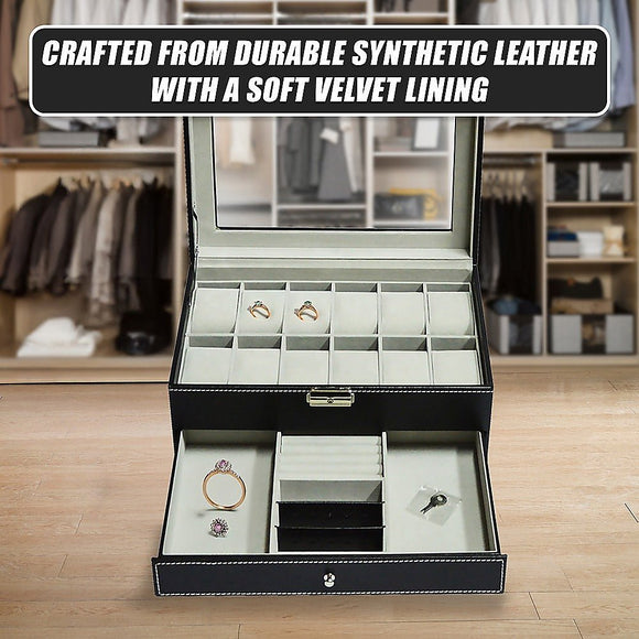 12 Grids Watch Display Case Leather jewellery Storage Box Organiser Lock Key - RnR Galore