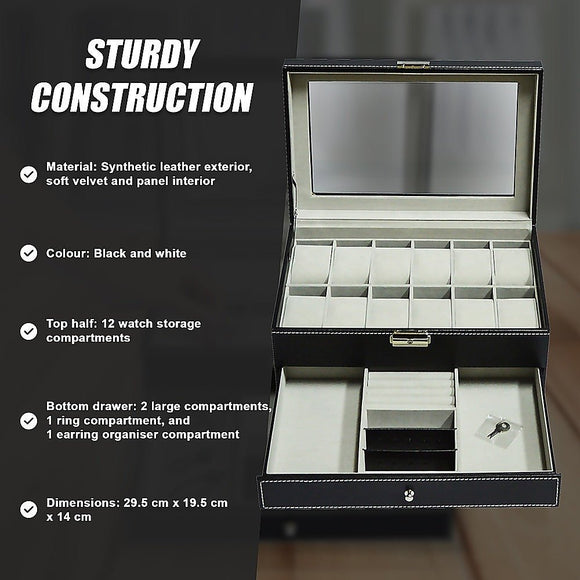 12 Grids Watch Display Case Leather jewellery Storage Box Organiser Lock Key - RnR Galore