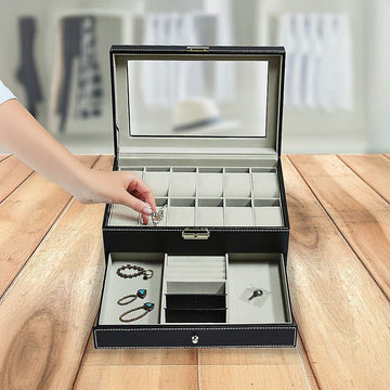 12 Grids Watch Display Case Leather jewellery Storage Box Organiser Lock Key - RnR Galore