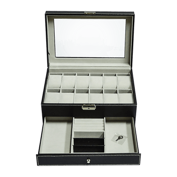 12 Grids Watch Display Case Leather jewellery Storage Box Organiser Lock Key - RnR Galore