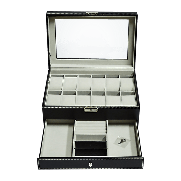12 Grids Watch Display Case Leather jewellery Storage Box Organiser Lock Key - RnR Galore