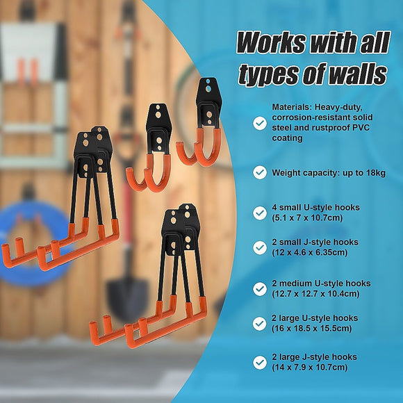 12 - Pack Wall Mount Garage Hooks Tool Storage Workshop Organiser Heavy Duty Steel - RnR Galore