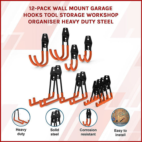 12 - Pack Wall Mount Garage Hooks Tool Storage Workshop Organiser Heavy Duty Steel - RnR Galore