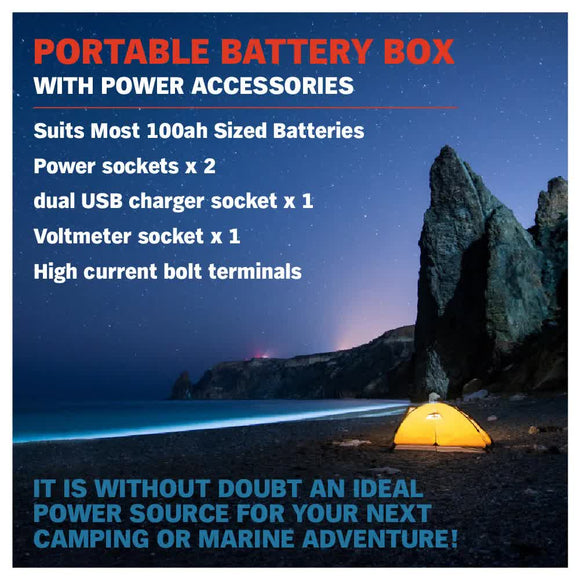12V 100AH Deep Cycle Battery Box Portable Power Storage Marine Solar USB Camping - RnR Galore