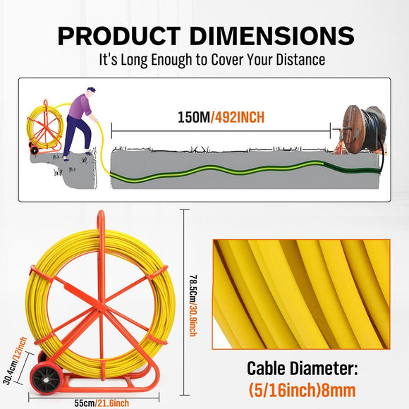 150M×8MM Fish Tape Puller Fiberglass Wire Cable Running Duct Rodder Heavy Duty - RnR Galore