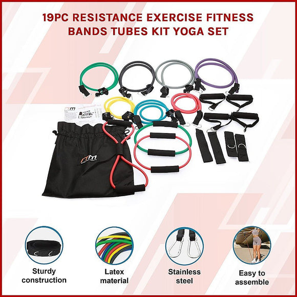 19PC Resistance Exercise Fitness Bands Tubes Kit Yoga Set - RnR Galore