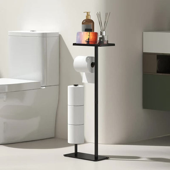 2 - in - 1 Freestanding Toilet Paper Holder - Thick Carbon Steel with Matte Black Finish, Storage Top and 2 * Paper Roll Holder - RnR Galore