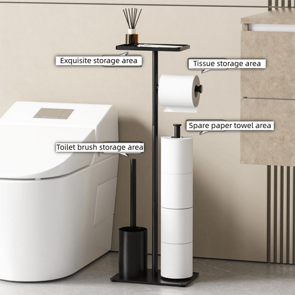 2 - in - 1 Freestanding Toilet Paper Holder - Thick Carbon Steel with Matte Black Finish, Storage Top and 2 * Paper Roll Holder - RnR Galore