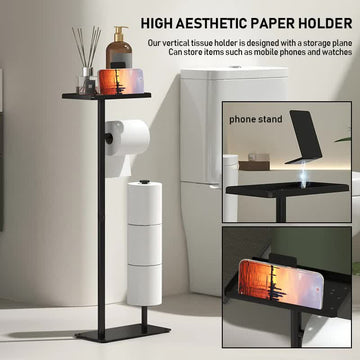 2 - in - 1 Freestanding Toilet Paper Holder - Thick Carbon Steel with Matte Black Finish, Storage Top and 2 * Paper Roll Holder - RnR Galore