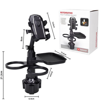 2 - Pack (2 - in - 1 Standard Version & 3 - in - 1 Pro Phone Mount Version) Car Rotating Dinner Tray & Double Cup Holder with Secure Phone Mount - Car Cup Slot Swivel Expander and Snacks & Drinks Organizer - RnR Galore
