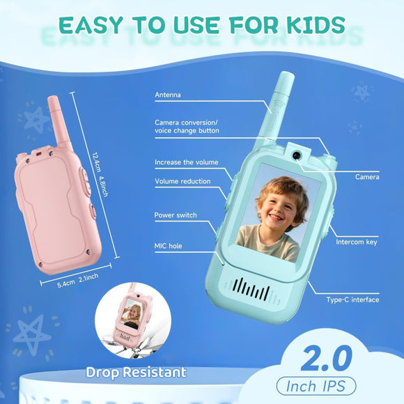 2 - Pack Mini Wireless Video Intercom Set for Children(Blue & Pink) - Educational and Interactive Dual - Frequency Walkie Talkie Toy for Playtime - RnR Galore