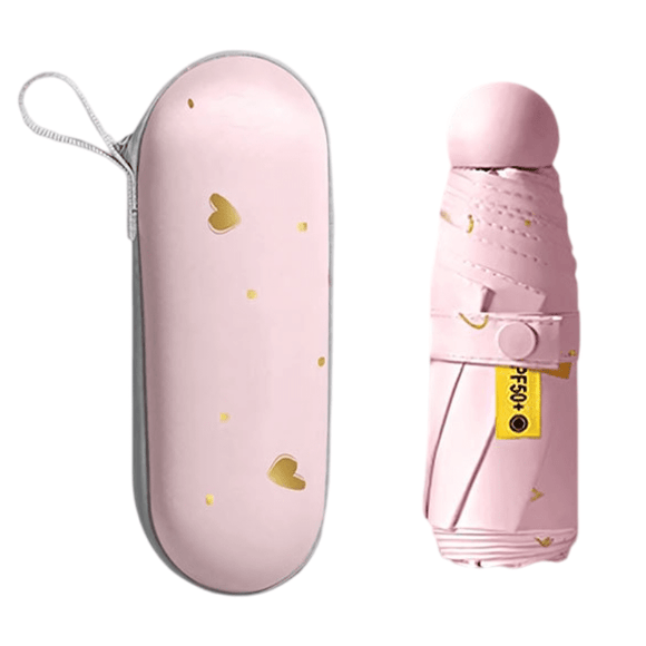 2 - Pack Pink Ultra - Compact 5 - Fold Waterproof All - Weather Umbrella for Women - Heart Pattern, Black Glue UV Protection, 8 - Rib Frame, Portable Capsule Parasol - RnR Galore
