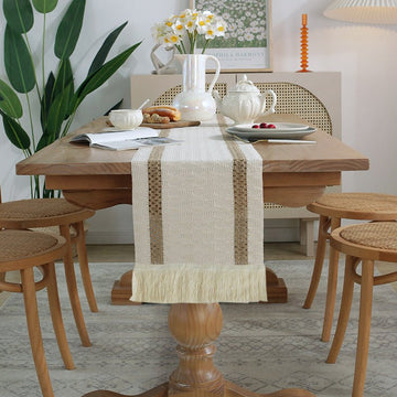 2 - PCS Double bars Bohemian Woven Table Runner with Tassels - Rustic Farmhouse Decor for Dining & Coffee Tables - RnR Galore