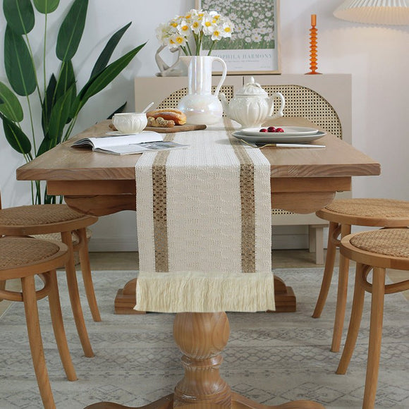 2 - PCS Double bars Bohemian Woven Table Runner with Tassels - Rustic Farmhouse Decor for Dining & Coffee Tables - RnR Galore