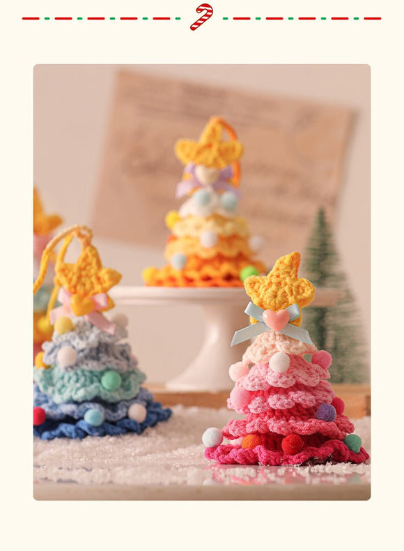 2 Pcs Style A Yellow and Pink Handmade Crochet Christmas Tree Ornament - Festive Hanging Decoration with Jingle Bell - RnR Galore