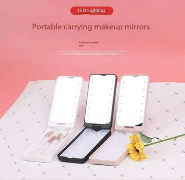 2 - Piece Pink Portable LED Makeup Mirror with Brush - Foldable, Rotatable, and Rechargeable Travel Vanity Mirror - RnR Galore