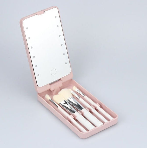 2 - Piece Pink Portable LED Makeup Mirror with Brush - Foldable, Rotatable, and Rechargeable Travel Vanity Mirror - RnR Galore
