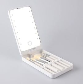 2 - Piece White Portable LED Makeup Mirror with Brush - Foldable, Rotatable, and Rechargeable Travel Vanity Mirror - RnR Galore