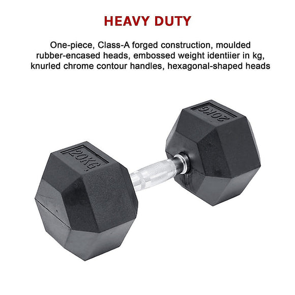 20KG Commercial Rubber Hex Dumbbell Gym Weight - RnR Galore
