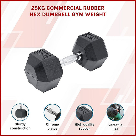 25KG Commercial Rubber Hex Dumbbell Gym Weight - RnR Galore