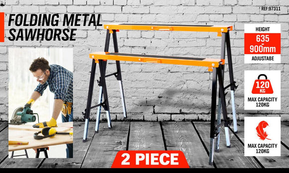 2Pc Mastercraft Sawhorse Metal Folding Non - slip Surface Saw Horse 120KG Capacity - RnR Galore