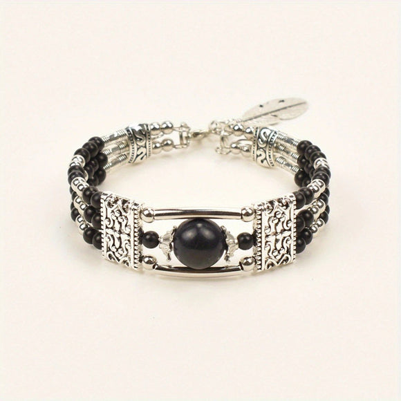2pcs Ethnic - style Vintage Open Bracelet, Turquoise Beads with Silver Carved Accents, Bohemian Exotic Charm, a Personalized Accessory for Daily and Travel Wear.black - RnR Galore