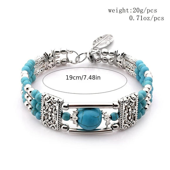 2PCS Ethnic - style Vintage Open Bracelet, Turquoise Beads with Silver Carved Accents, Bohemian Exotic Charm, a Personalized Accessory for Daily and Travel Wear.red - RnR Galore