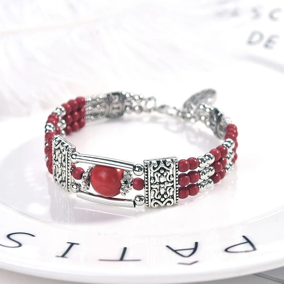 2pcs Ethnic - style Vintage Open Bracelet, Turquoise Beads with Silver Carved Accents, Bohemian Exotic Charm, a Personalized Accessory for Daily and Travel Wear.Rose - RnR Galore