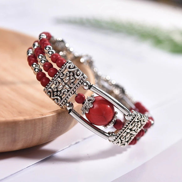2PCS Ethnic - style Vintage Open Bracelet, Turquoise Beads with Silver Carved Accents, Bohemian Exotic Charm, a Personalized Accessory for Daily and Travel Wear.Yellow - RnR Galore