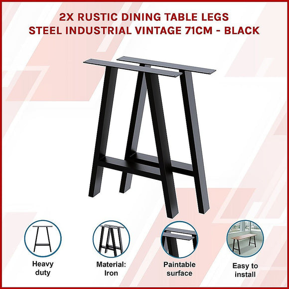 2x Rustic Dining Table Legs Steel Industrial Vintage 71cm - Black - RnR Galore