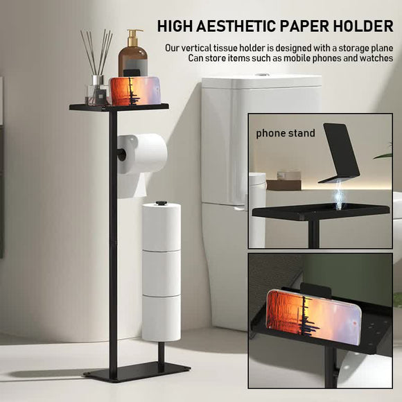 3 - in - 1 Freestanding Toilet Paper Holder - Thick Carbon Steel with Matte Black Finish, Storage Top, Paper Roll Holder, and Integrated Brush Holder - RnR Galore