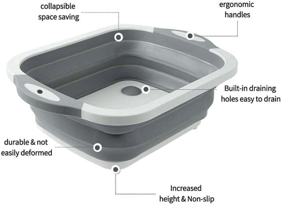 3 - in - 1 Grey Collapsible Cutting Board & Drain Basin & Storage Tub - Portable Multifunctional Food Grade Storage Basket(37x27x12cm) - RnR Galore