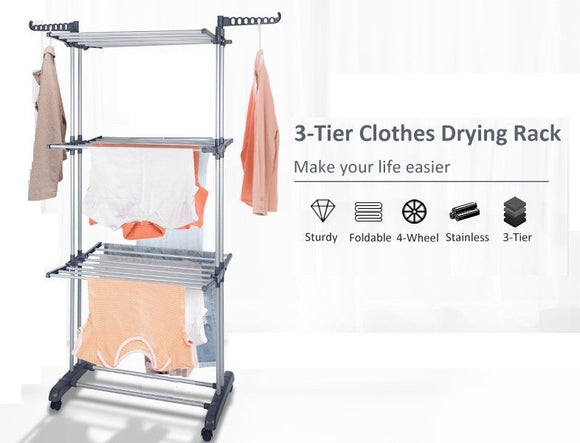 3 Tier Foldable Clothes Drying Rack for Laundry Dryer with Hanger Stand Rail Indoor - RnR Galore