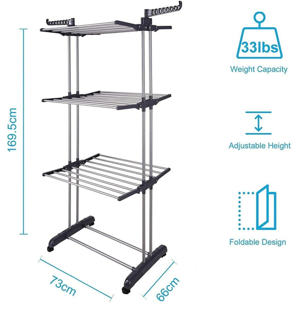 3 Tier Foldable Clothes Drying Rack for Laundry Dryer with Hanger Stand Rail Indoor - RnR Galore