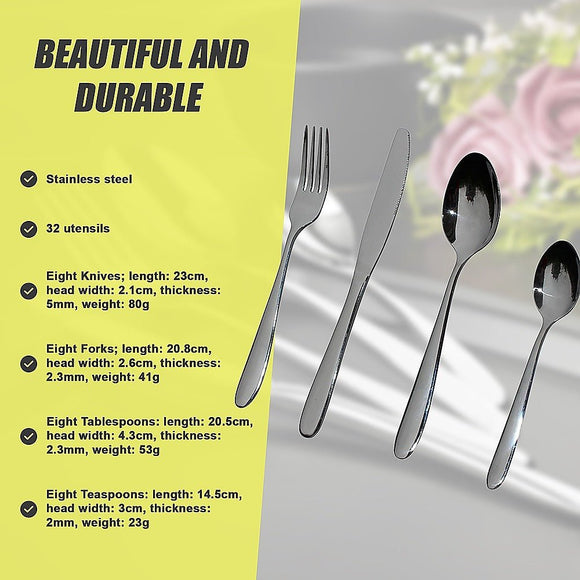 32 Piece Stainless Steel Cutlery Set Knives Fork Spoon Teaspoon - RnR Galore