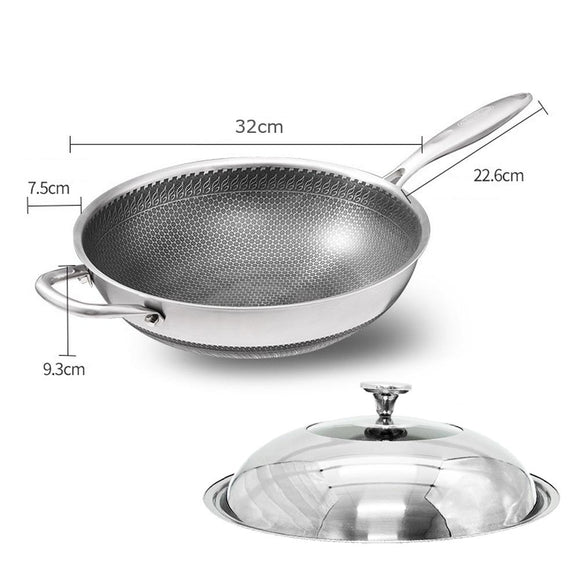 32cm 316 Stainless Steel Non - Stick Stir Fry Cooking Kitchen Wok Pan with Lid Honeycomb Double Sided - RnR Galore