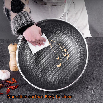 32cm 316 Stainless Steel Non - Stick Stir Fry Cooking Kitchen Wok Pan with Lid Honeycomb Double Sided - RnR Galore