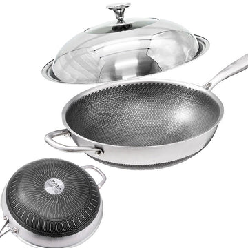 32cm 316 Stainless Steel Non - Stick Stir Fry Cooking Kitchen Wok Pan with Lid Honeycomb Double Sided - RnR Galore