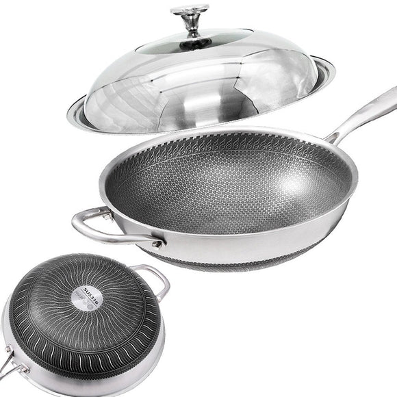 32cm 316 Stainless Steel Non - Stick Stir Fry Cooking Kitchen Wok Pan with Lid Honeycomb Double Sided - RnR Galore