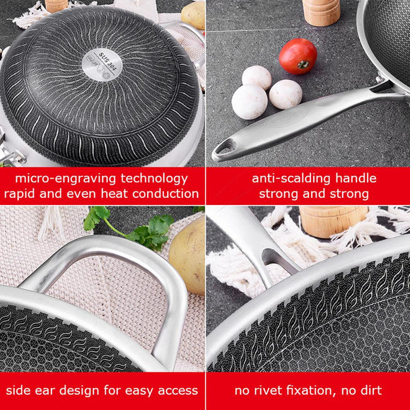 34cm 304 Stainless Steel Non - Stick Stir Fry Cooking Kitchen Honeycomb Wok Pan with Lid - RnR Galore
