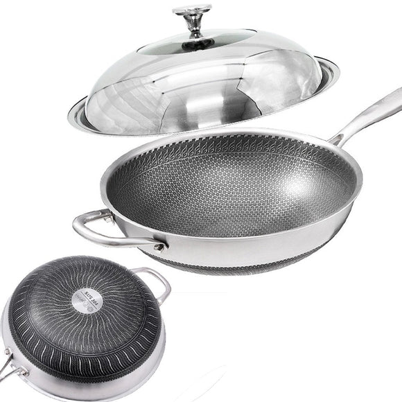 34cm 304 Stainless Steel Non - Stick Stir Fry Cooking Kitchen Honeycomb Wok Pan with Lid - RnR Galore