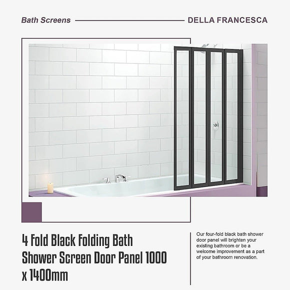 4 Fold Black Folding Bath Shower Screen Door Panel 1000 x 1400mm - RnR Galore