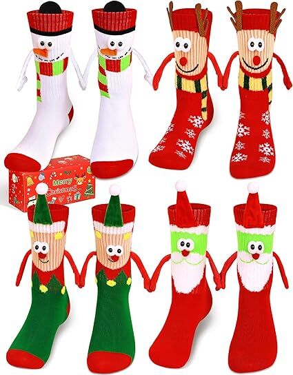 4 Pairs Christmas Socks, Crazy Holiday Hand Holding Socks Funny Christmas Stocking Stuffers - RnR Galore