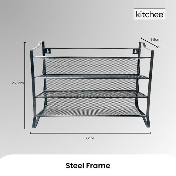 4 Tier Metal Spice Rack + 28 Glass Jars - Kitchen Pantry Herb Storage Organiser - RnR Galore