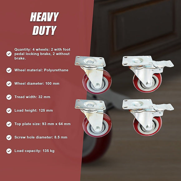 4 x 4" Heavy Duty PU Swivel Castor Wheels With Brake - RnR Galore